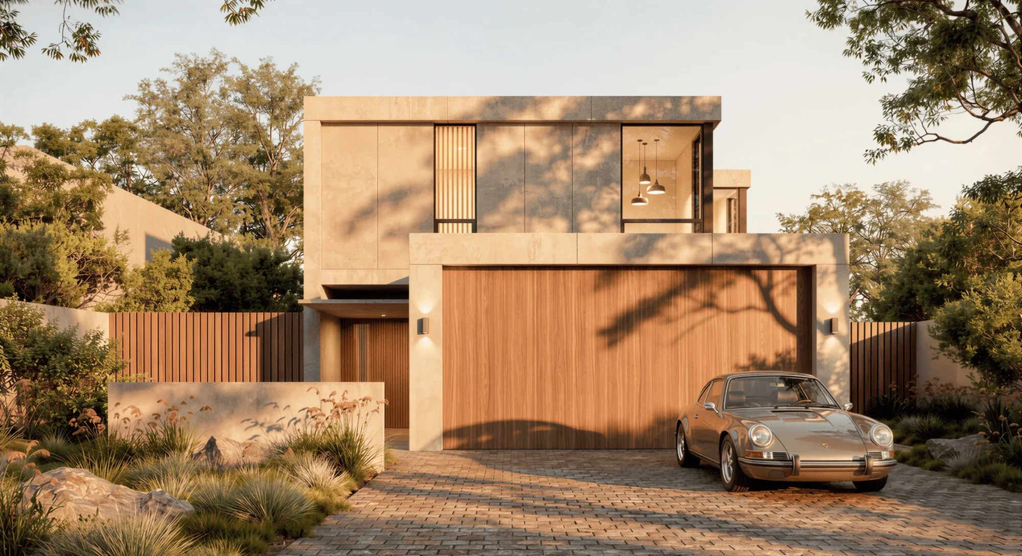 Daytime project visualization of the street elevation with a timber garage door and planted driveway.